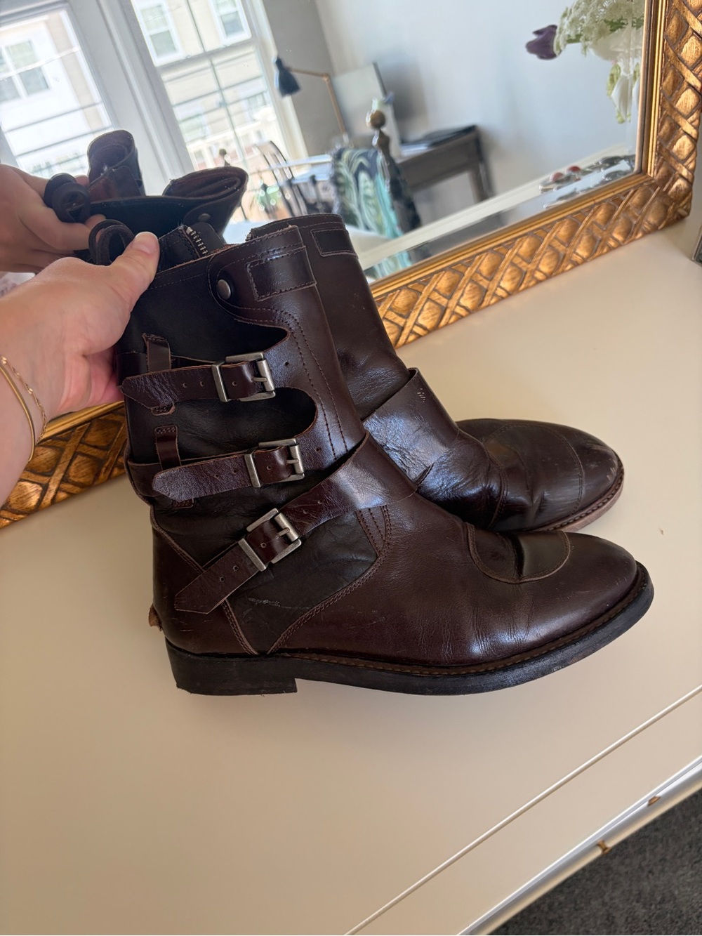 Women’s Free People Dark Brown Leather Buckle Combat Boots